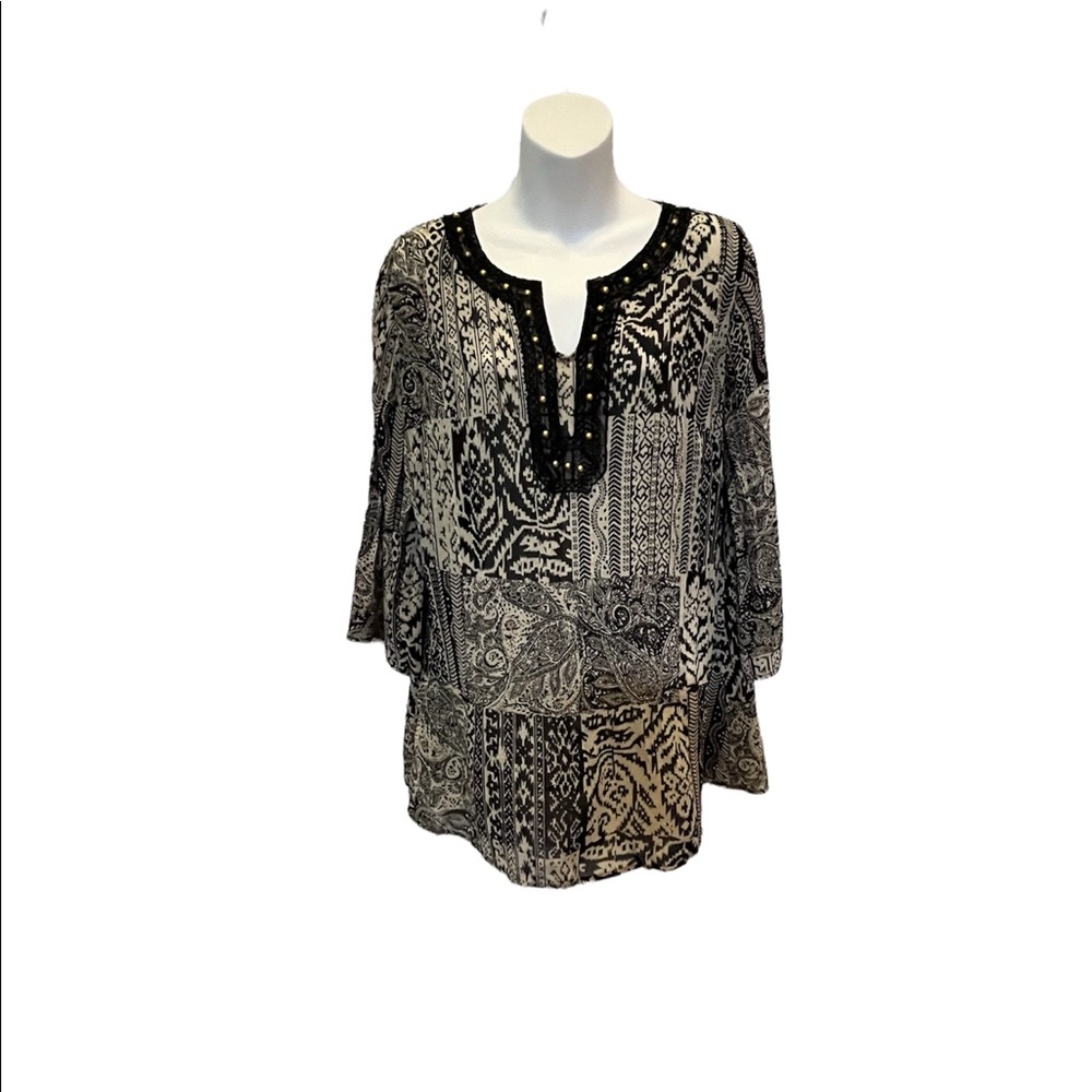 Black and white boho-chic patchwork pattern swim cover up size small